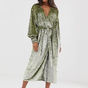 Asos green sequin midi wrap robe dress